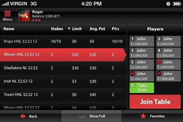 Лобби мобильного клиента сети iPoker