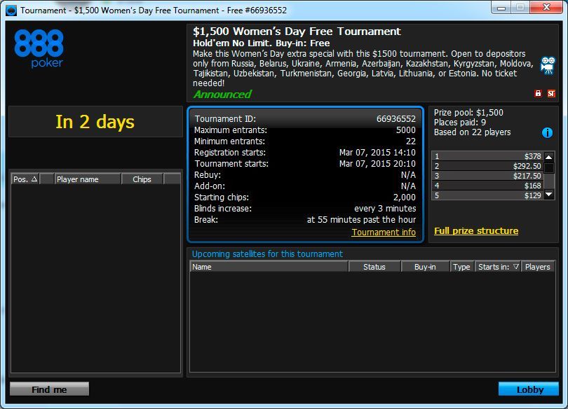 $1500 Women's Day Free Tournament