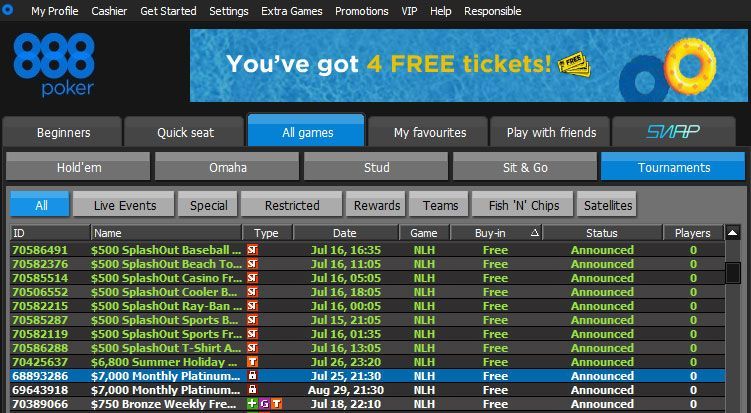 SplashOut фрироллы в лобби 888poker