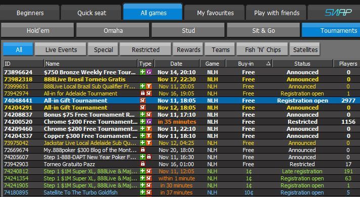 Фрироллы Gift Showers в лобби 888poker