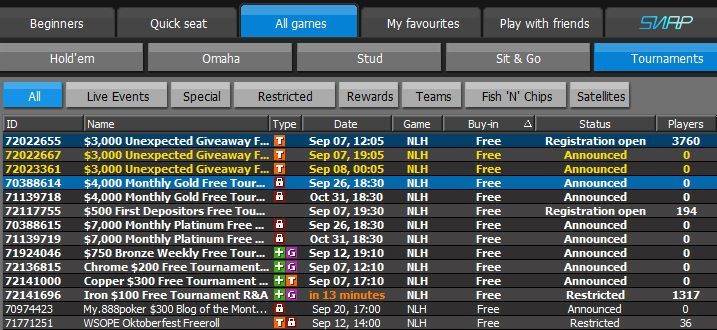 Фрироллы $3,000 Unexpected Giveaway в лобби 888poker