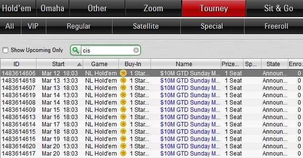 Турниры $10M GTD Sunday Million - CIS Affiliate Special в лобби Покер Старс