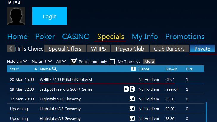 Фрироллы WHill - $100 PGlobal&Pokerist