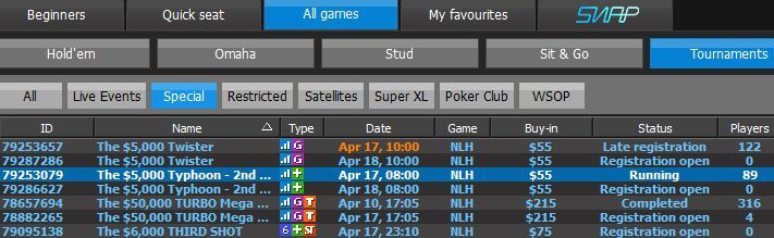 Турниры The Typhoon в лобби 888 Покер