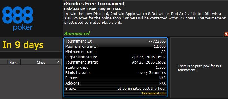 iGoodies free tournament от 888 Покер