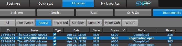 Турниры The $150.000 Whale в лобби 888poker