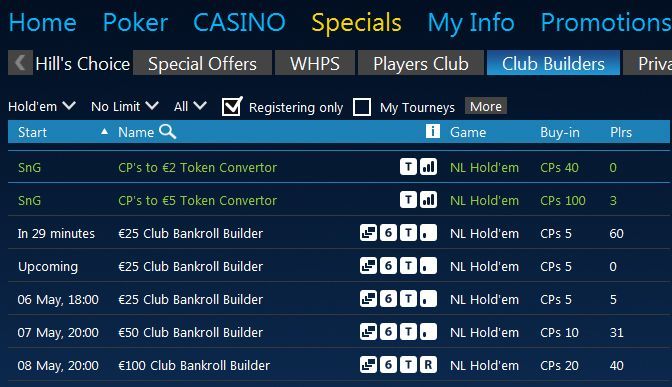 Турниры Club Bankroll Builder в William Hill Poker