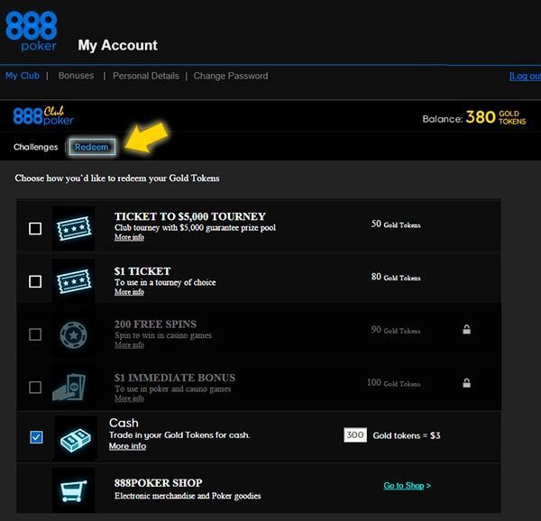 Как обменять золотые жетоны 888Poker Club на призы