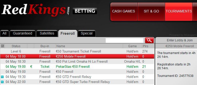€250 Mobile Freeroll в лобби RedKings Poker