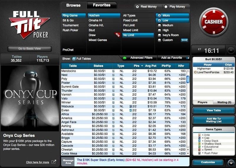 Внешний вид лобби Full Tilt Poker до объединения с PokerStars